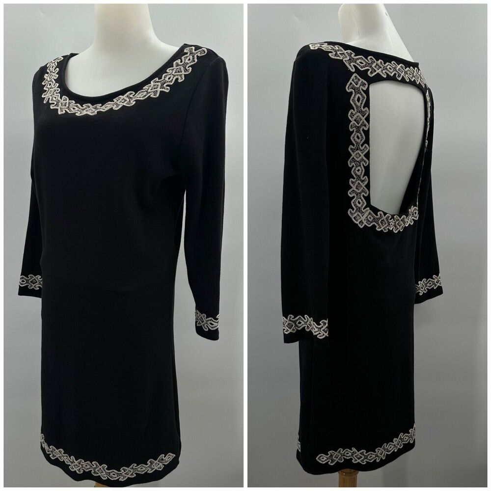Free People Stretch Knit Backless Sheath Dress Embroidered Black Large Fitted